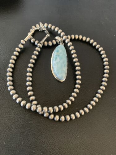 Navajo Blue Larimar Pendant Bead Necklace | Sterling Silver | Authentic Native American Handmade | 1761