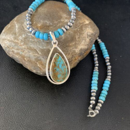 Navajo Blue Turquoise Pendant Necklace | Sterling Silver | Authentic Native American Handmade | 13869