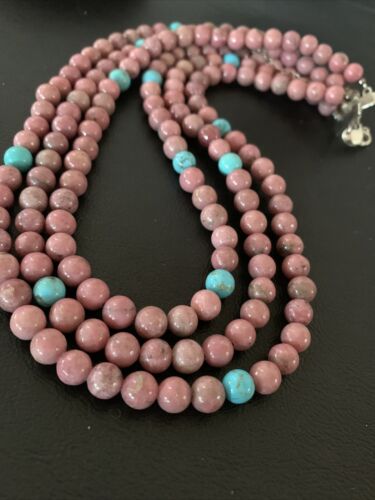 Navajo Turquoise Rhodochrosite Necklace | Sterling Silver | 3 Strand | Authentic Native American Handmade | 01993