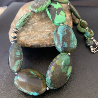 Navajo Sterling Silver Graduated Green Nugget Turquoise Necklace | Authentic Native American | 21" | 10724