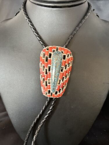 Ultra Rare Native American Men's Bolo Tie | Blue Kingman Turquoise & Coral | Sterling Silver | 14225