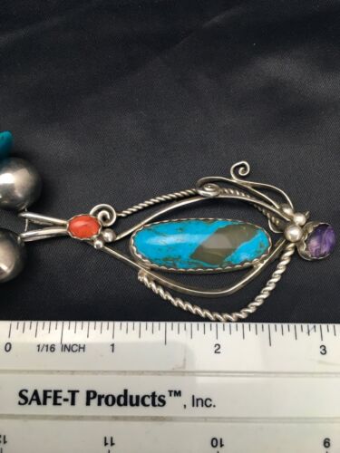Navajo Kingman Turquoise & Spiny Oyster Multi-Stone Pendant Necklace | Authentic Native American Sterling Silver | 2637