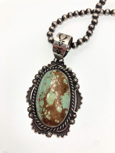 Navajo Pearls Sterling Silver Necklace with Blue Turquoise #8 Pendant | Authentic Native American Handmade | 11298