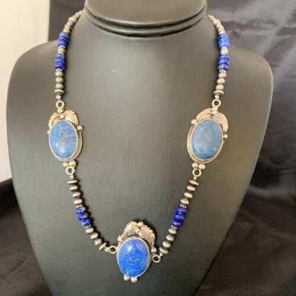 Navajo Pearls Necklace with 3 Stone Blue Denim Lapis Pendant | Sterling Silver | Native American Handmade | 10822