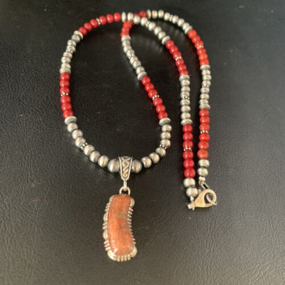 Red Apple Coral & Navajo Pearls Sterling Silver Bead Necklace with Pendant | Authentic Native American | 13437