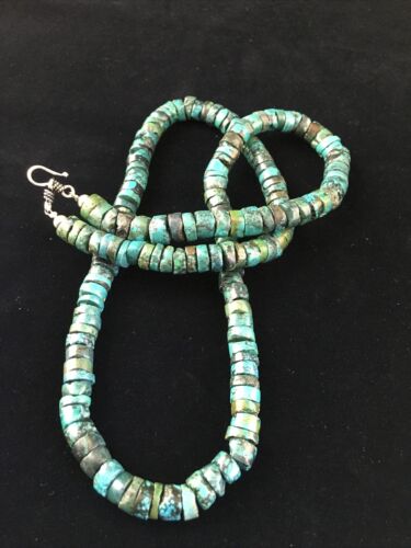 Native American Green Turquoise Heishi Necklace | Sterling Silver | 26" | 13901