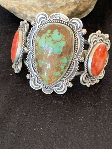 Navajo Royston Turquoise Spiny Oyster Cuff Bracelet | Sterling Silver | Authentic Native American Handmade | 1162