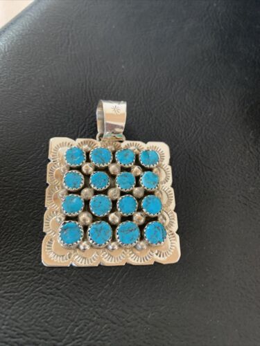 Navajo Blue Turquoise Cluster Pendant | Sterling Silver | 2" | Authentic Native American Handmade | 02098