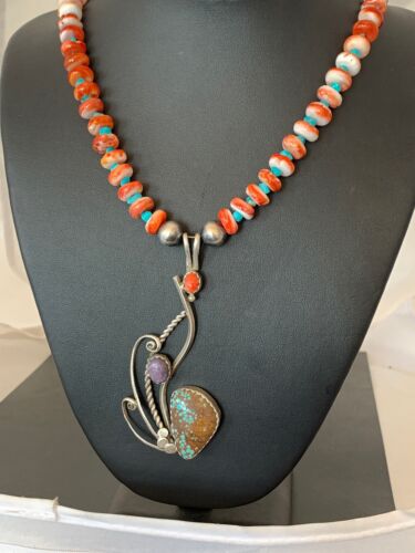 Navajo Blue Turquoise & Spiny Oyster Multi-Stone Necklace Pendant Set | Authentic Native American Sterling Silver | 2846