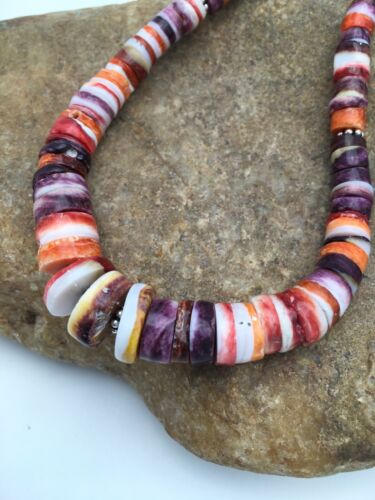 Orange Purple Spiny Oyster Necklace | Navajo Sterling Silver | Authentic Native American Jewelry | 20"