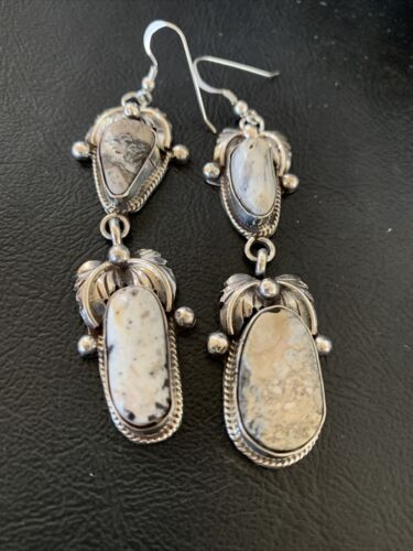 Navajo White Buffalo Turquoise Dangle Earrings | Sterling Silver | 2.5" | Authentic Native American Handmade | 12154