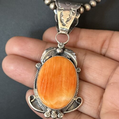 Navajo Pearls Necklace with Orange Spiny Oyster Pendant | Sterling Silver | Authentic Native American Handmade | 14723
