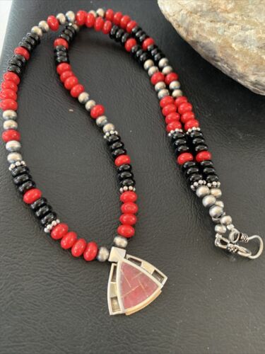 Navajo Pearls Necklace Pendant | Sterling Silver Onyx & Coral Inlay | Authentic Native American Handmade | 1930