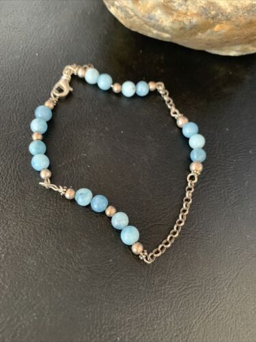 Navajo Blue Larimar Link Bracelet | Sterling Silver | 6mm | 8.5" | Authentic Native American Handmade | 14186