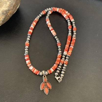 Navajo Pearl Necklace with Red Apple Coral, Spiny Oyster Pendant | Authentic Native American Sterling Silver | Multi-Stone | 12388