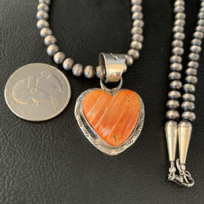 Navajo Orange Heart Spiny Oyster Pendant | Sterling Silver Necklace | Authentic Native American Handmade | 13949