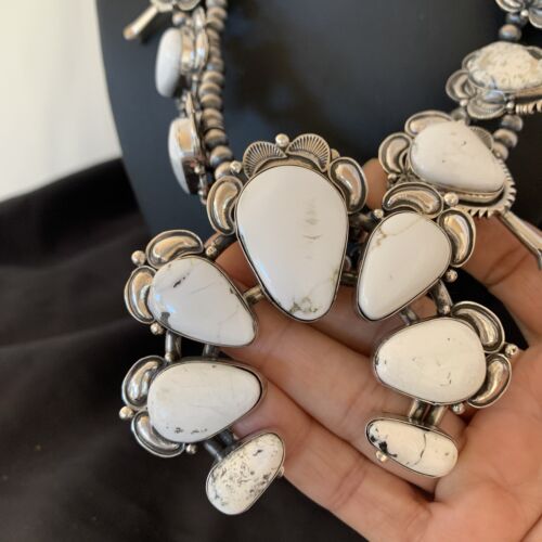Navajo White Buffalo Turquoise Sterling Squash Blossom Necklace | Naja Pendant | 10957