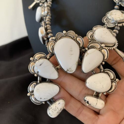 Navajo White Buffalo Turquoise Sterling Squash Blossom Necklace | Naja Pendant | 10957