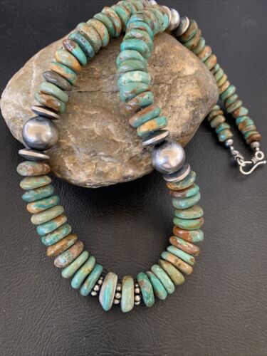 Navajo Pearls Green Turquoise Necklace | Sterling Silver | Authentic Native American | 21" | 12329