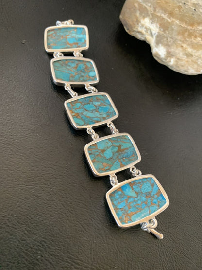 Navajo Blue Mojave Turquoise Link Bracelet | Sterling Silver | 8" | Authentic Native American Handmade | 11629 - Masha USA
