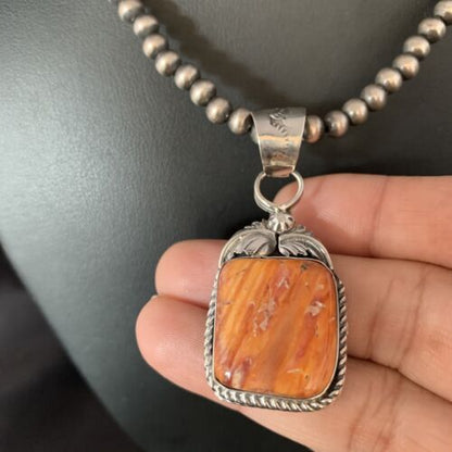 Navajo Orange Spiny Oyster Pendant | Sterling Silver | Authentic Native American Handmade | 13638