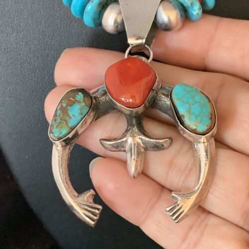 Navajo Sterling Silver Necklace with Blue Turquoise & Coral Naja Pendant | 13746