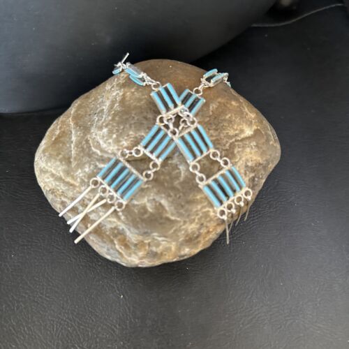 Zuni Kingman Turquoise Needle Point Dangle Earrings | Sterling Silver | Authentic Native American Handmade | 14409