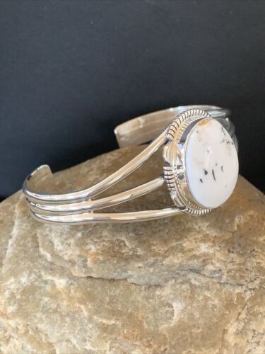 Navajo White Buffalo Turquoise Cuff Bracelet | Sterling Silver | Authentic Native American Handmade | 1388