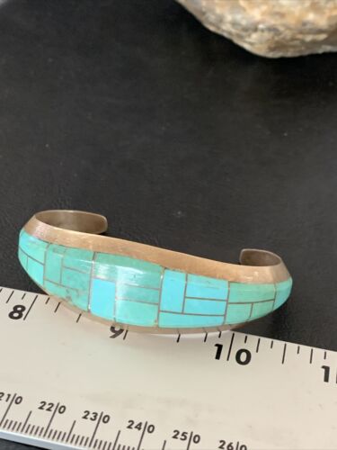 Native American Men's Bracelet | Sterling Silver Blue Kingman Turquoise Inlay | 12099