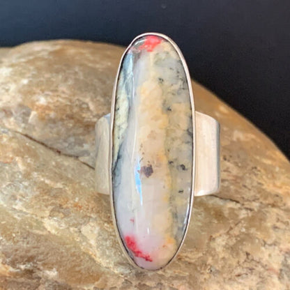 Southwestern Navajo Cinnabrite Ring | White Black | Sterling Silver | Sz 7.5 | 1558