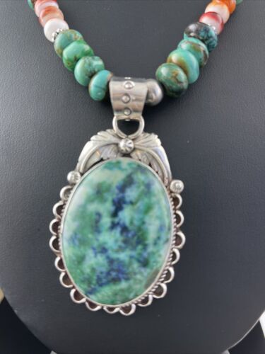Men's Navajo Sterling Silver Necklace | Spiny Oyster & Turquoise | Moss Agate Pendant | Native American | 01625