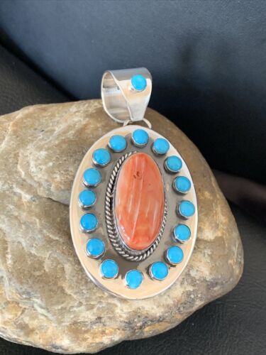 Navajo Multi-Stone Cluster Pendant | Blue Turquoise & Spiny Oyster | Sterling Silver | 11564