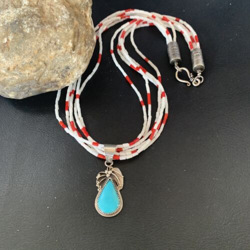 Navajo Red White Coral Turquoise Pendant | Sterling Silver Necklace 18" | Multi-Strand | 12056