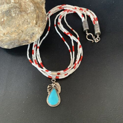 Navajo Red White Coral Turquoise Pendant | Sterling Silver Necklace 18" | Multi-Strand | 12056