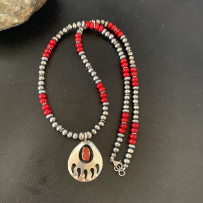 Bear Paw Red Coral Pendant for Men | Navajo Pearl Sterling Silver | Authentic Native American Handmade | 12589