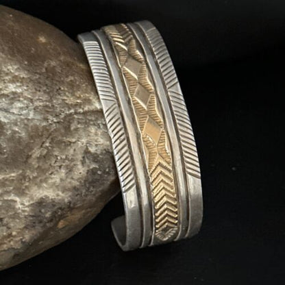 Men's Navajo Handmade Stamped Cuff Bracelet | Sterling Silver & 12K Gold | Authentic Native American | 14593