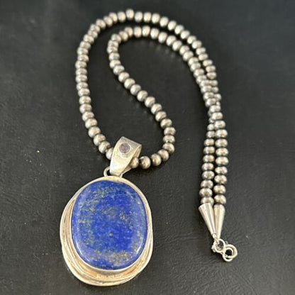 Native American Men's Navajo Pearls Necklace Pendant | Sterling Silver Lapis | 14467