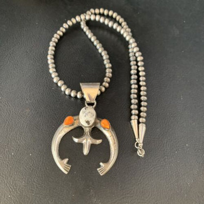 Navajo White Buffalo Turquoise & Spiny Oyster Naja Pendant | Sterling Silver | Authentic Native American Handmade | 13647