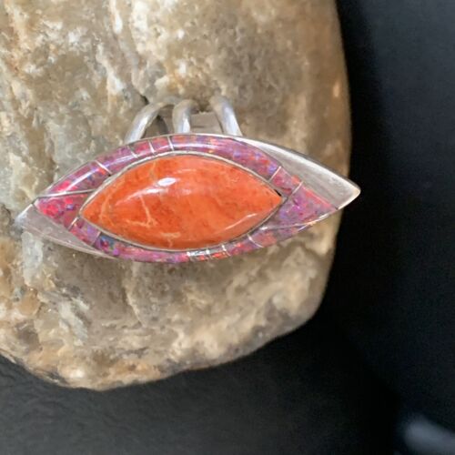 Navajo Red Spiny Oyster Opal Inlay Ring | Sterling Silver | Sz 10 | Authentic Native American Handmade | 12843