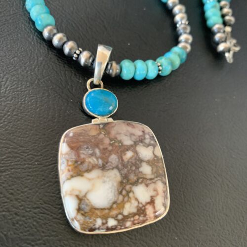 Men's Navajo Pearl Necklace | Sterling Silver | Blue Turquoise & Wild Horse Pendant | 11860