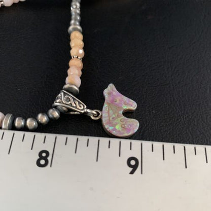 Navajo Bear Pink Opal Bead Necklace | Sterling Silver Inlay Pendant | Authentic Native American Handmade | 13459