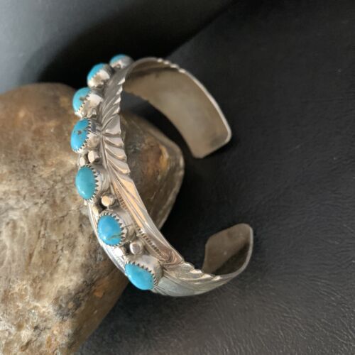 Navajo Blue Kingman Turquoise Cuff Bracelet | Sterling Silver | 7 Stone | Authentic Native American Handmade | 14212