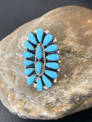 Navajo Blue Cluster Turquoise Needlepoint Ring | Authentic Native American Sterling Silver | Multi-Stone | Sz 6 | 11943