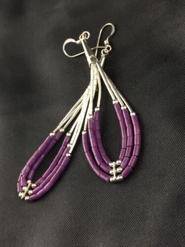 Handmade Liquid Silver Heishi Tube Beads Sugilite Earrings | Sterling Silver | 2" | 1985