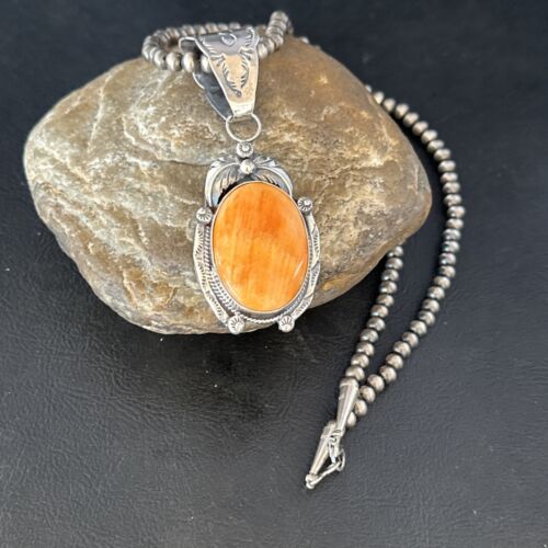 Navajo Pearls Necklace with Orange Spiny Oyster Pendant | Sterling Silver | Authentic Native American Handmade | 14720