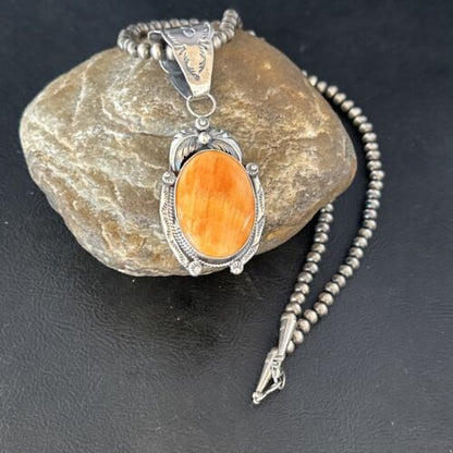 Navajo Pearls Necklace with Orange Spiny Oyster Pendant | Sterling Silver | Authentic Native American Handmade | 14720