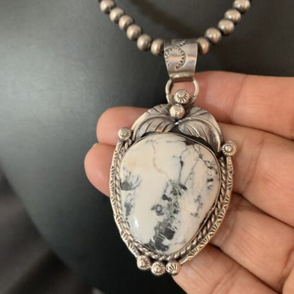 White Buffalo Turquoise Pendant Necklace | Sterling Silver | Navajo | Authentic Native American Handmade | 14053