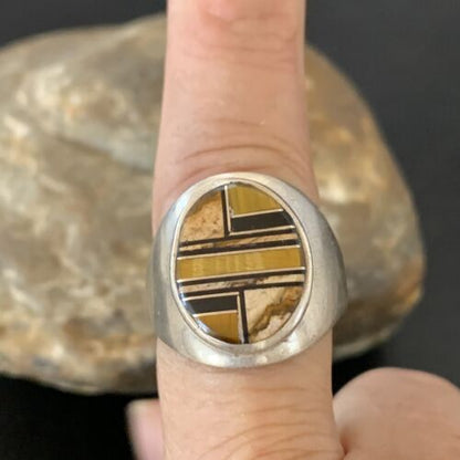 Men's Navajo Black Onyx & Tigers Eye Inlay Sterling Silver Ring | Sz 10 | Handmade Jewelry | 10730
