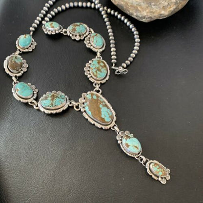Navajo Blue Turquoise #8 Lariat Necklace | Sterling Silver | Native American Handmade | 10759