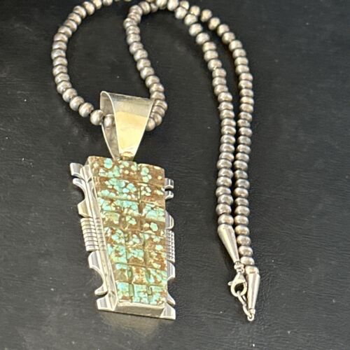 Authentic Native American Navajo Blue Turquoise Necklace Pendant | Sterling Silver | 8" | 14462